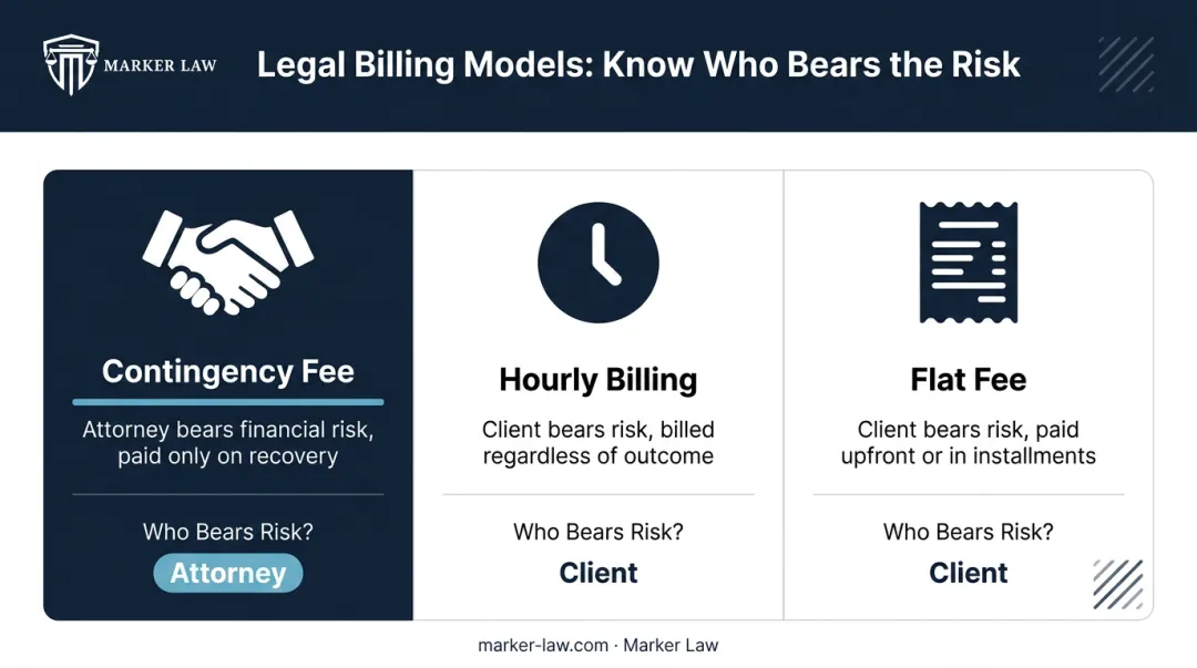 Three legal billing models comparison showing contingency hourly and flat fee structures