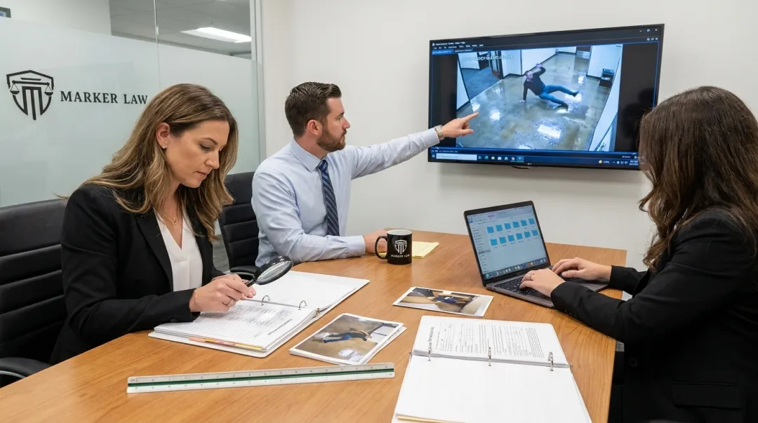 Slip and fall attorney reviewing accident scene evidence and surveillance footage documentation