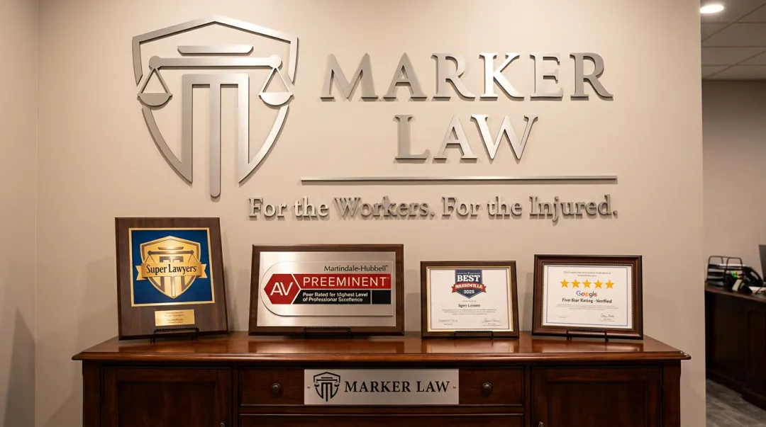 Marker Law attorney credentials including Super Lawyers AV Preeminent and five-star Google rating