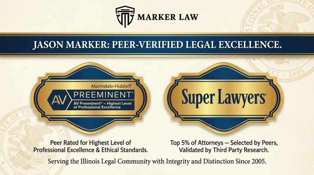 Attorney Jason Marker AV Preeminent and Super Lawyers peer recognition awards display