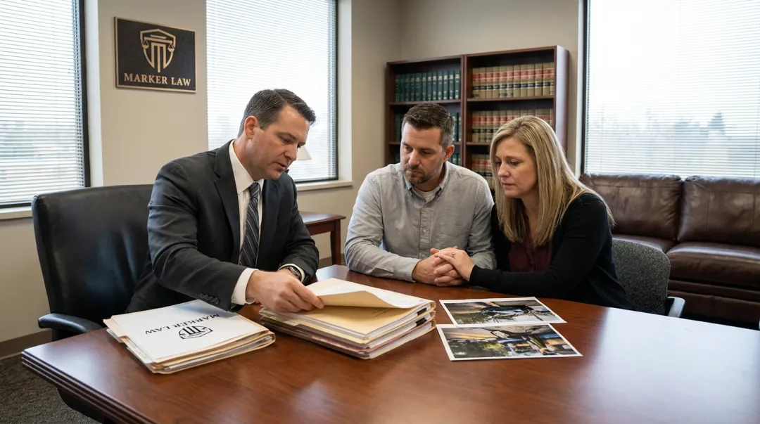 Marker Law attorney reviewing fatal truck accident wrongful death case evidence with client family