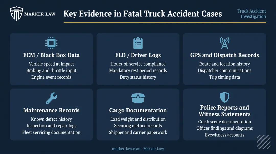 Six key evidence types in fatal truck accident wrongful death case investigation