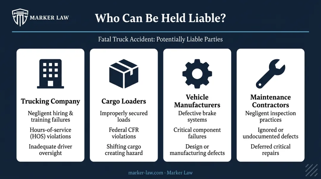 Four liable parties in fatal truck accident wrongful death claims infographic