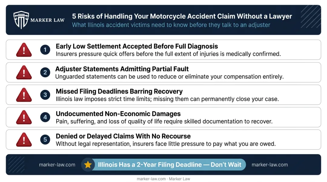 Five risks of handling motorcycle accident claim without legal representation infographic