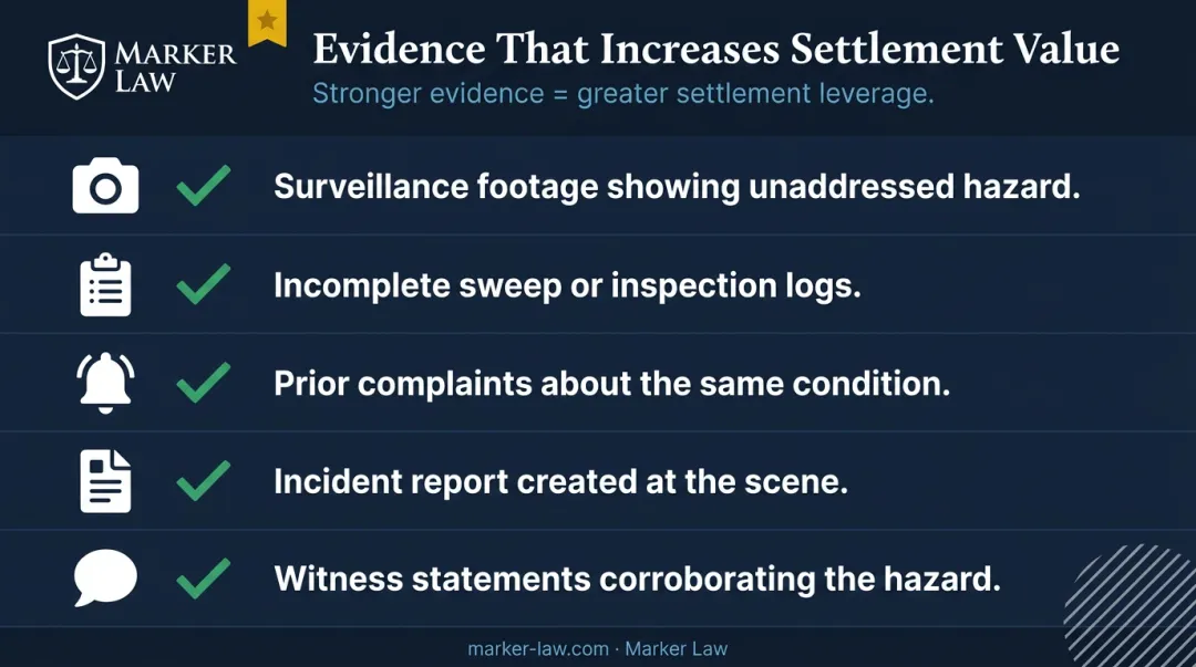 Key evidence types that increase Illinois slip and fall settlement value infographic