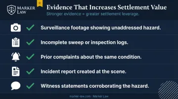 Key evidence types that increase Illinois slip and fall settlement value infographic