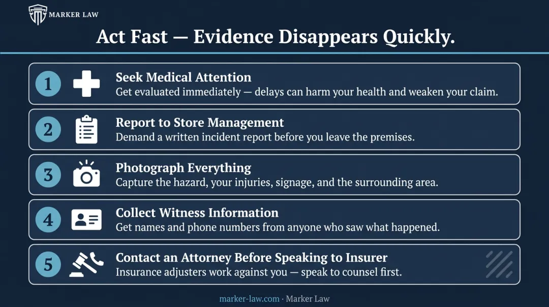 Five immediate steps to take after a grocery store slip and fall accident