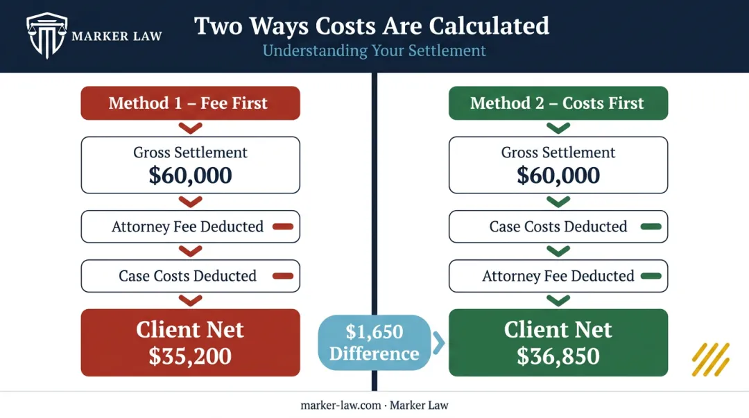 Two cost deduction methods comparison showing client net recovery difference on same settlement