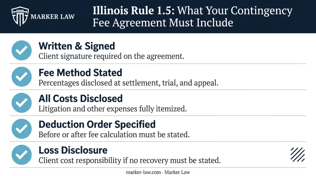 Illinois Rule 1.5 contingency fee agreement five required elements compliance checklist