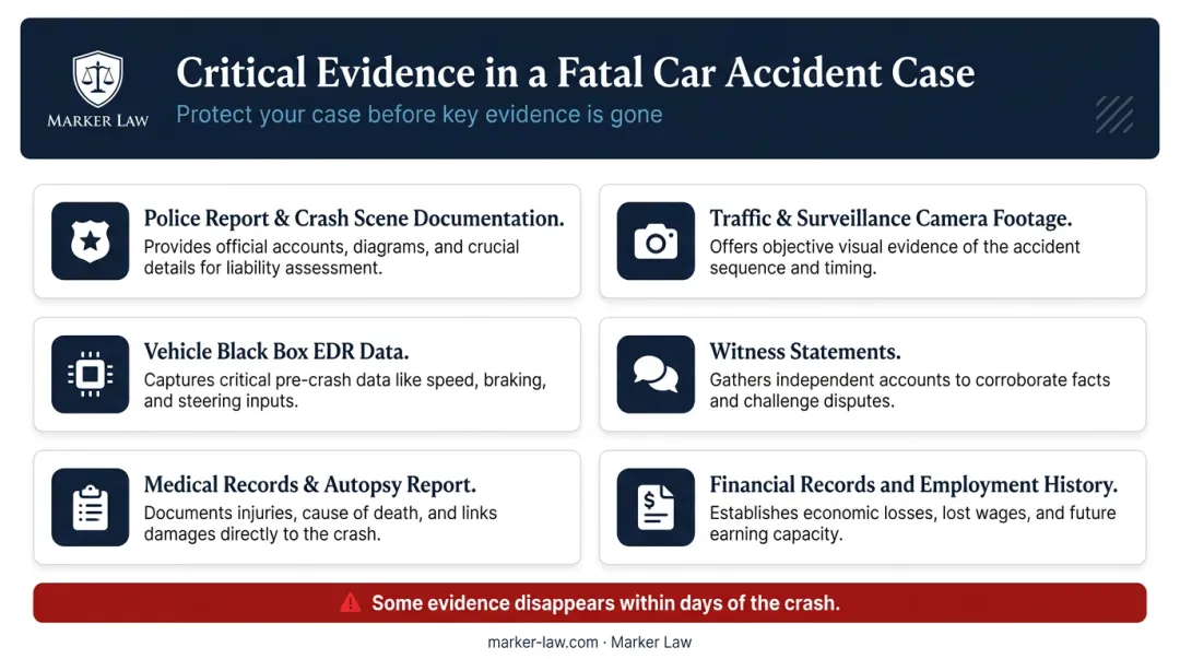 Wrongful death car accident case critical evidence checklist infographic