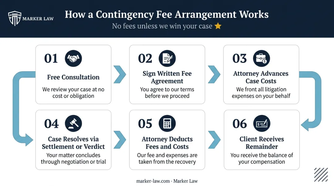 6-step contingency fee process from free consultation to client payment