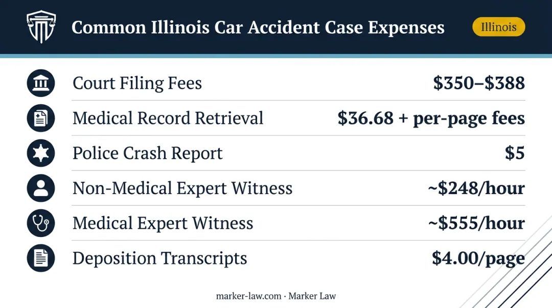 Car accident case expenses breakdown with cost ranges for Illinois legal claims