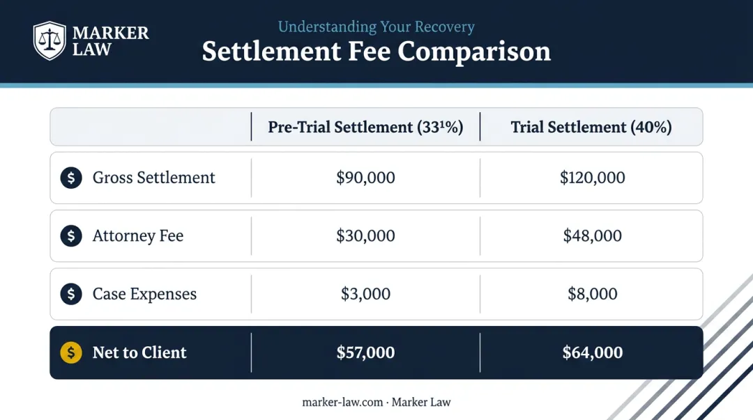 Car accident settlement comparison table pre-trial versus trial costs and net client recovery