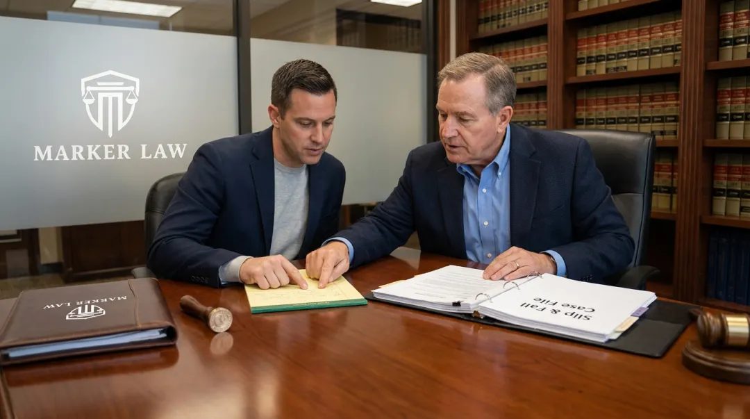 Marker Law attorney reviewing restaurant slip and fall case strategy with client