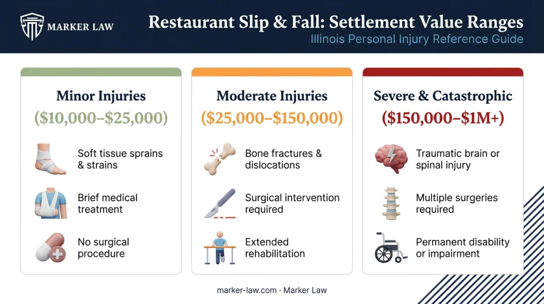 Three-tier restaurant slip and fall settlement value range comparison infographic