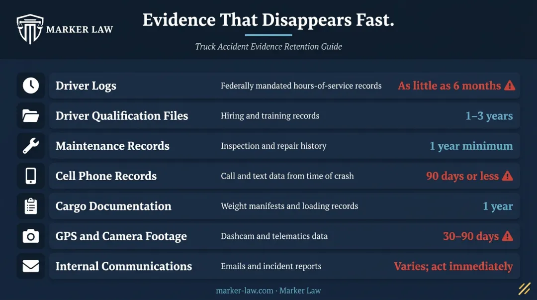 7 types of critical truck accident evidence with retention timelines infographic