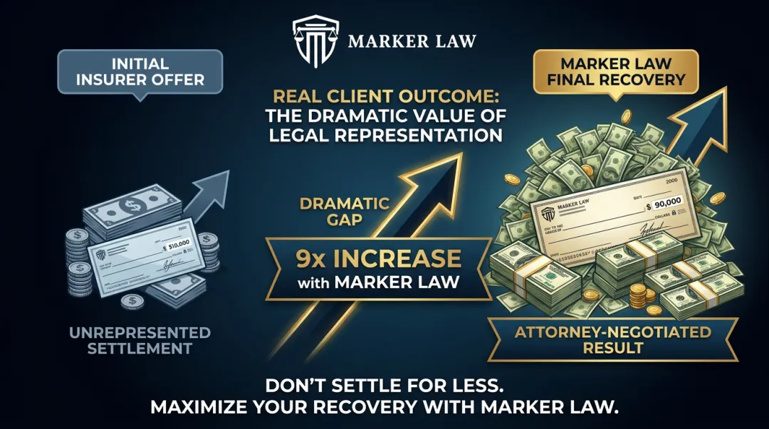 Marker Law whiplash case result showing initial offer versus final recovery amount