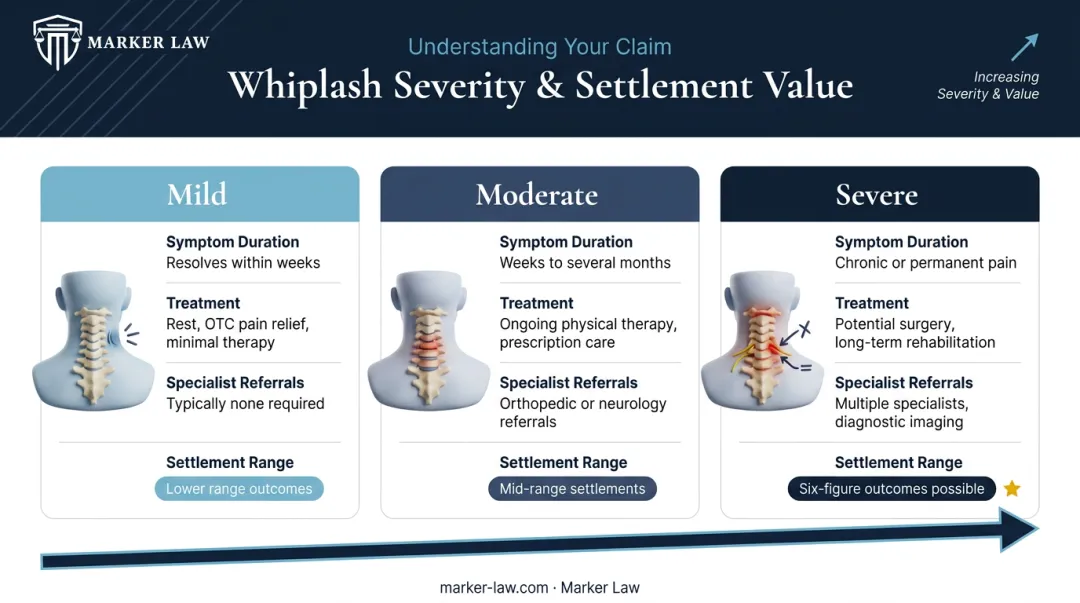Mild moderate and severe whiplash injury severity comparison infographic