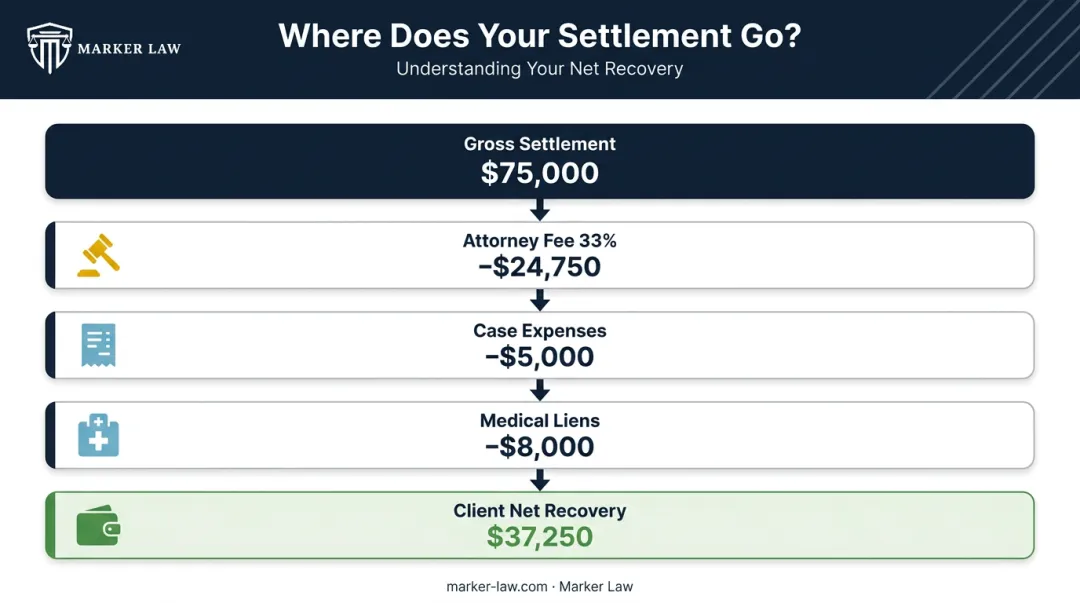 Dog bite settlement disbursement breakdown showing four deduction steps to net client recovery