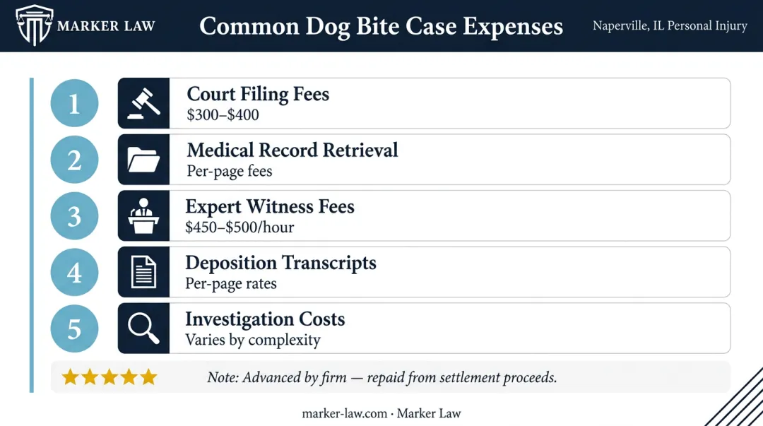 Dog bite case expenses breakdown showing costs from filing fees to expert witnesses