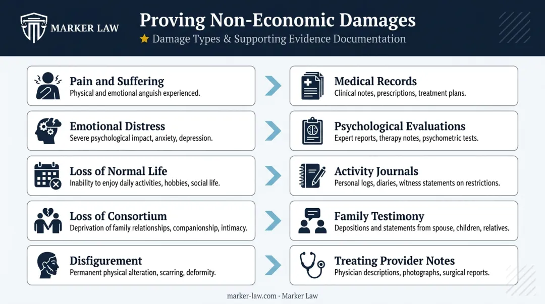 Five non-economic damage categories with evidence documentation types in Illinois