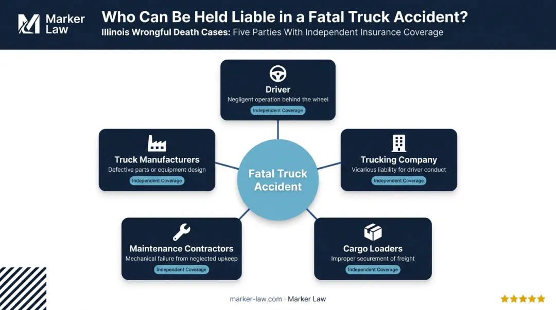 Five liable defendants in Illinois truck accident wrongful death case hierarchy infographic