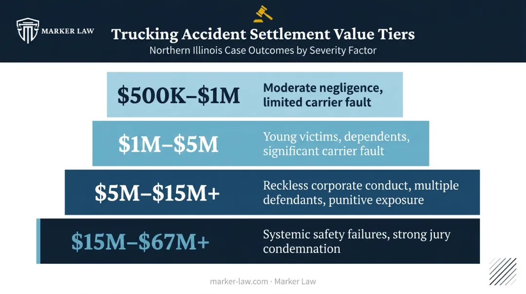 Illinois wrongful death truck accident settlement value ranges four-tier breakdown infographic
