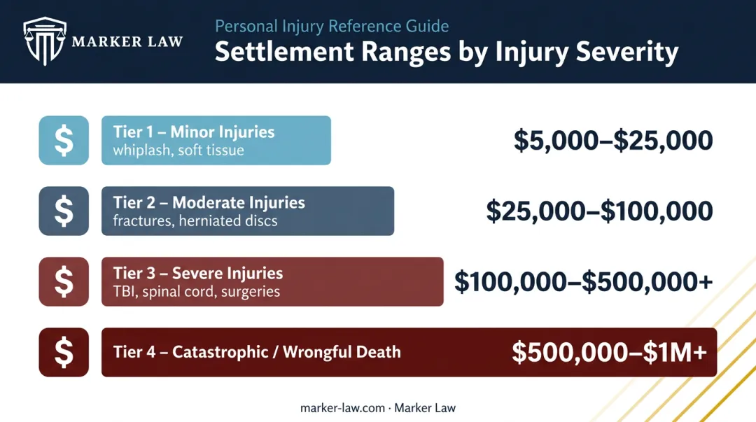 Car accident settlement ranges by injury severity four-tier breakdown infographic