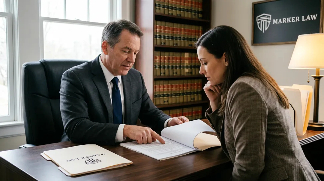 Car accident attorney reviewing settlement documents with injured client in office consultation