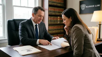 Car accident attorney reviewing settlement documents with injured client in office consultation