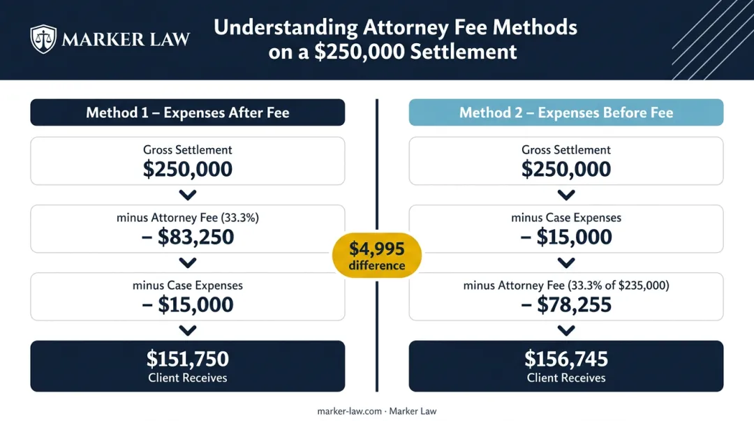 Two settlement deduction methods comparison showing client net recovery difference