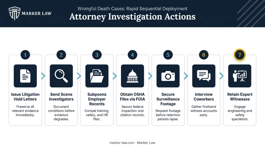 Seven-step wrongful death attorney evidence investigation and preservation process flowchart