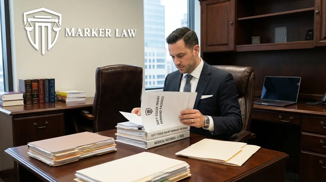 Personal injury attorney reviewing soft tissue claim demand package with client documents