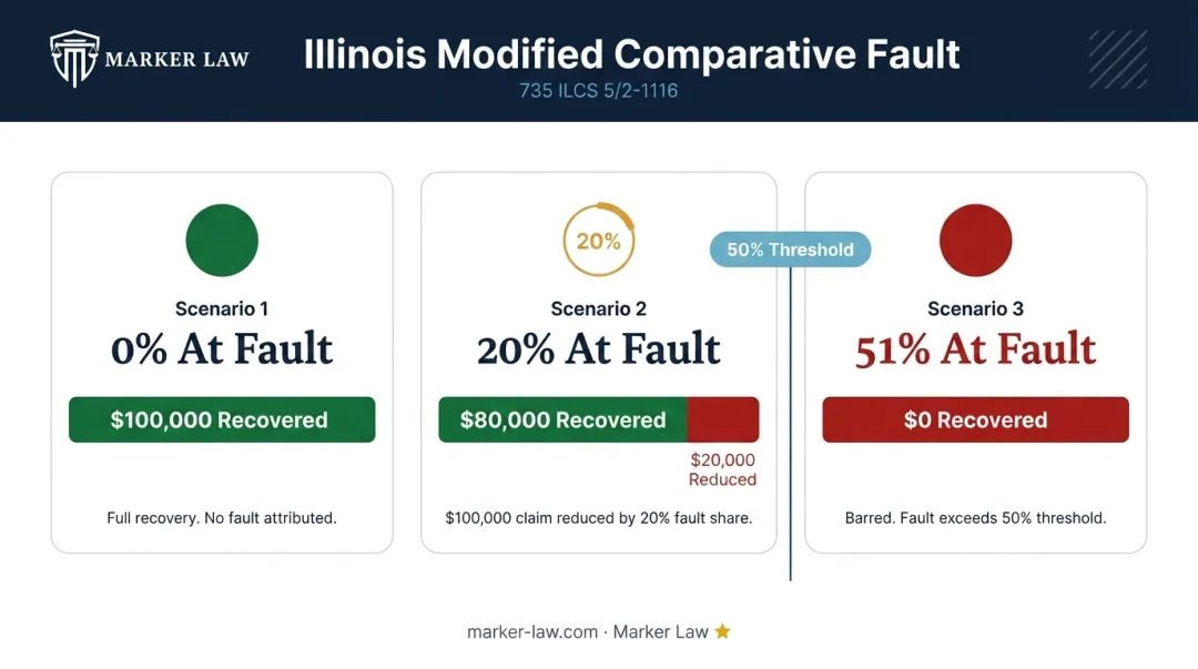 Illinois modified comparative fault rule showing fault percentage and recovery reduction examples
