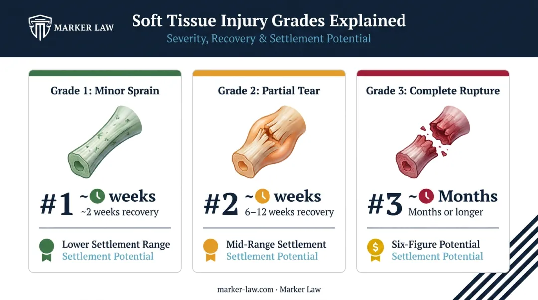 Three-grade soft tissue injury severity comparison chart with settlement ranges