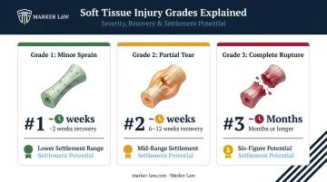 Three-grade soft tissue injury severity comparison chart with settlement ranges