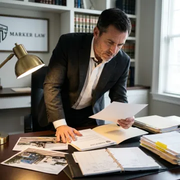 Truck accident lawyer analyzing evidence files