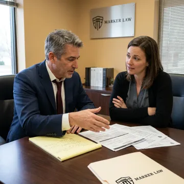 Attorney reviewing pedestrian accident case files with client
