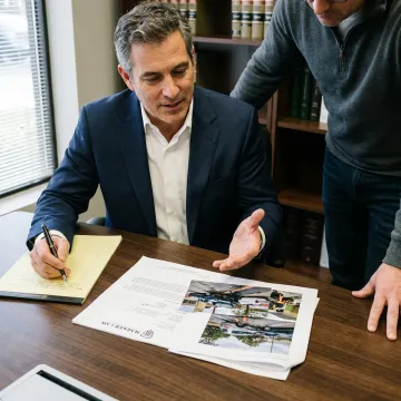 Personal injury attorney reviewing case evidence with client