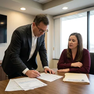 Attorney reviewing injury claim documents with client
