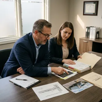 Legal team reviewing truck accident case evidence
