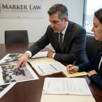 Motorcycle accident legal team reviewing case evidence
