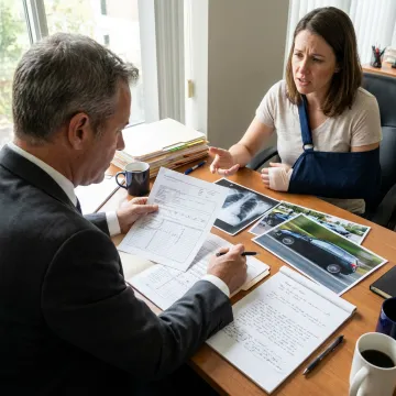 Attorney reviewing a personal injury case file with a client