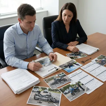 Legal team reviewing motorcycle accident evidence