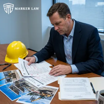 Attorney reviewing construction injury claim evidence