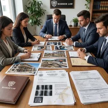 Attorney reviewing construction injury claim evidence