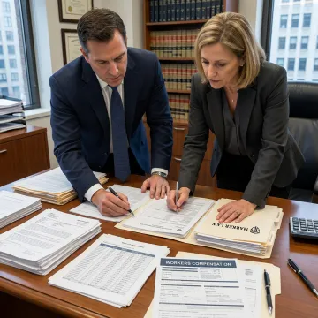 Legal team reviewing workers' compensation claim documents