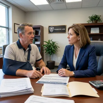 Attorney explaining work injury claim process to client