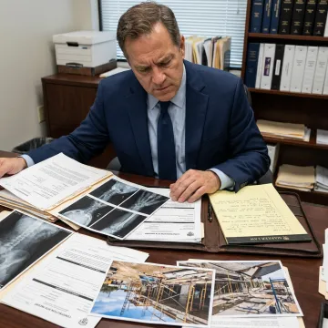 Attorney reviewing construction injury claim documents