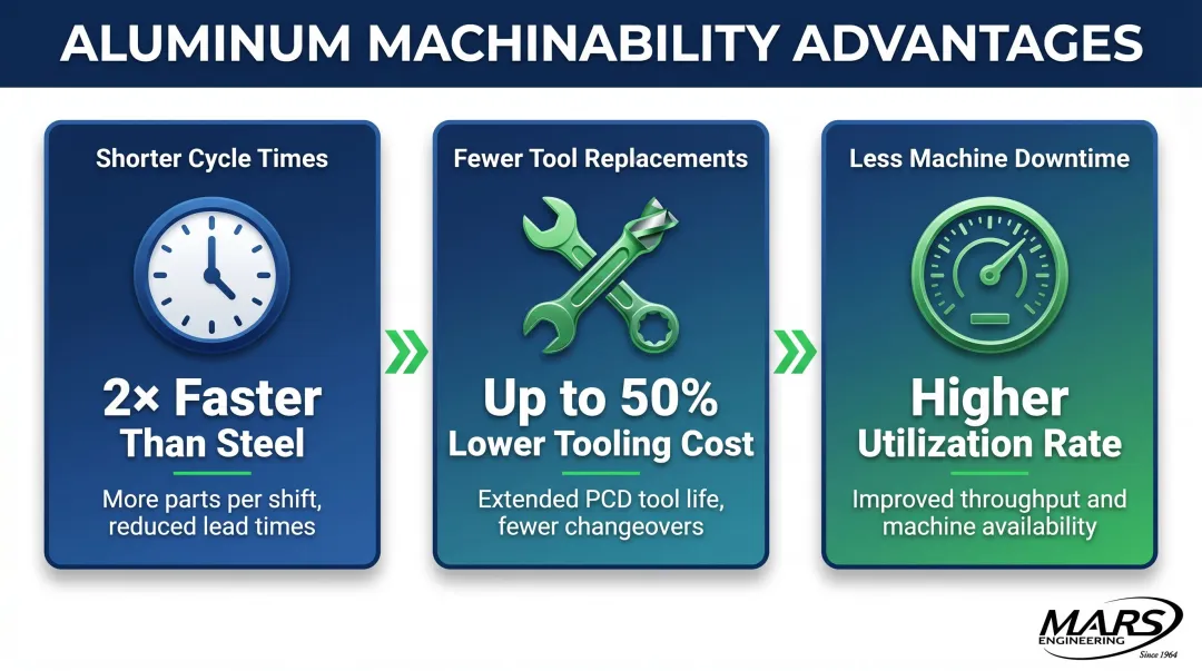 Three machinability advantages of aluminum cycle time tooling and machine utilization infographic